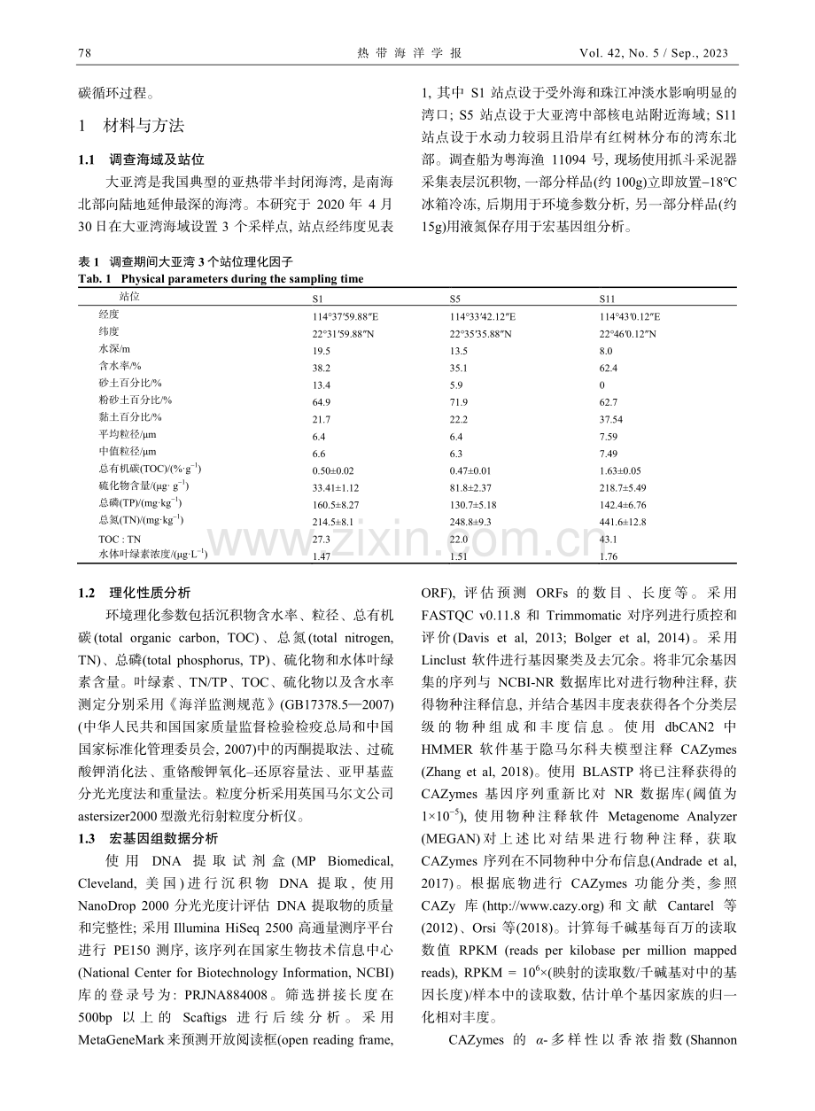 大亚湾表层沉积物碳水化合物活性酶基因分布特征.pdf_第3页