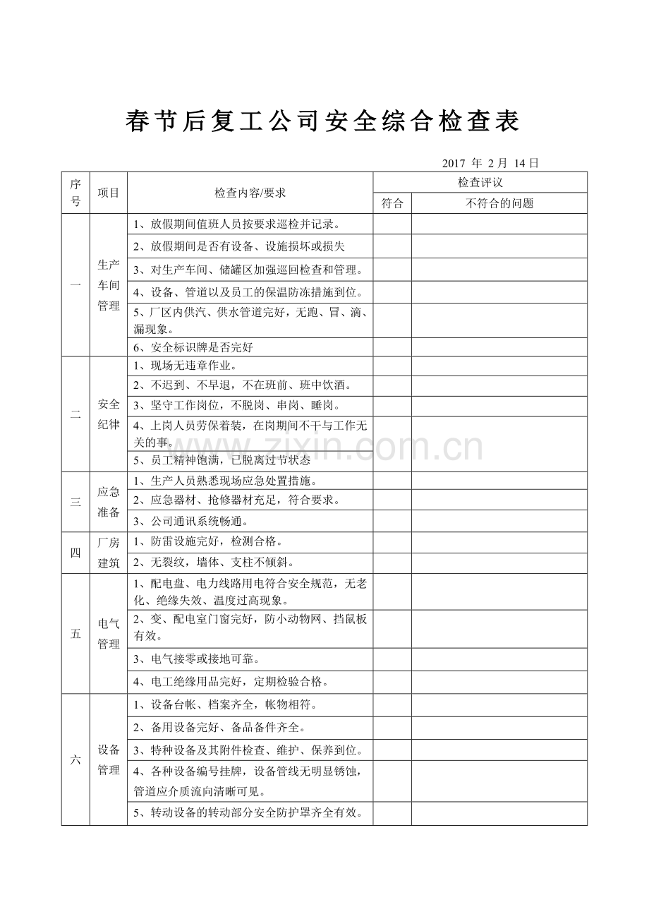 危化品企业春节前和年后复工安全综合检查表.doc_第3页