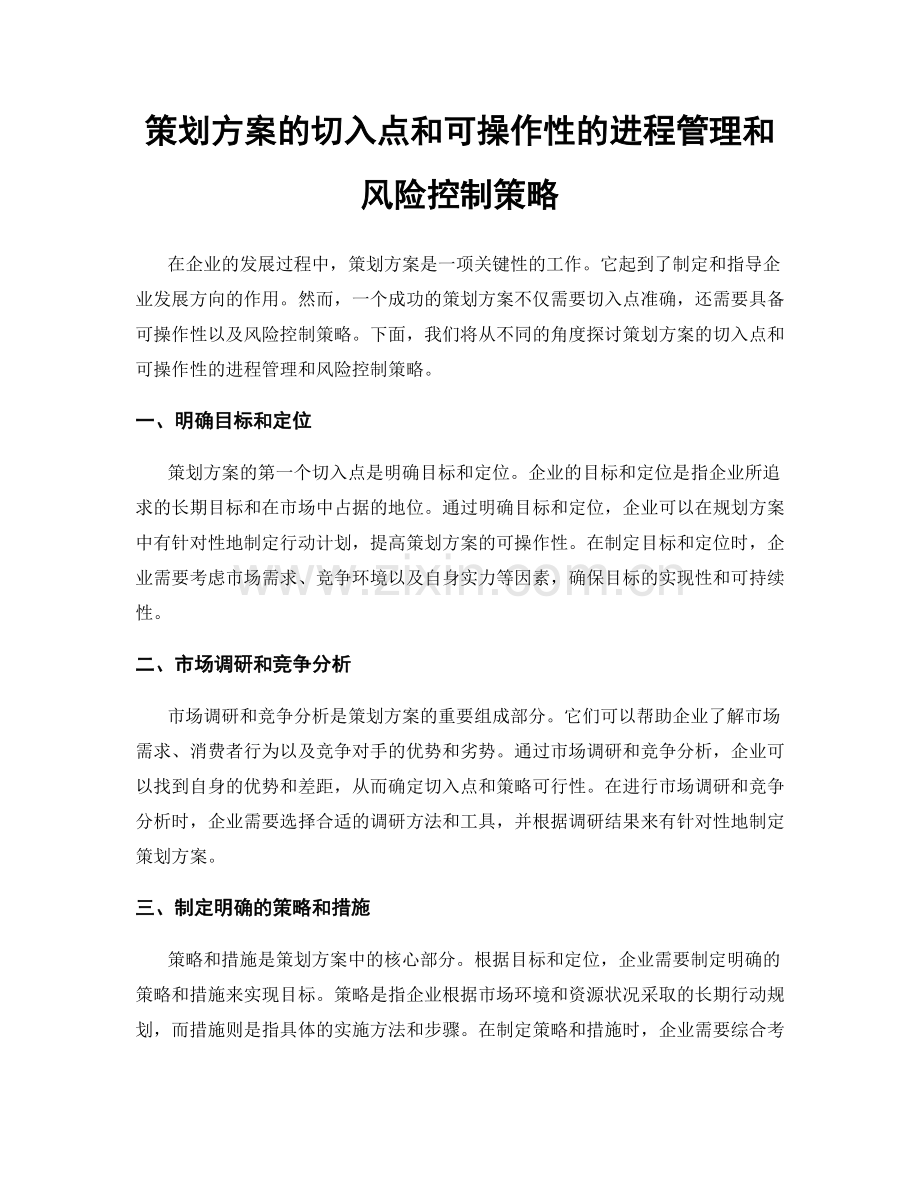 策划方案的切入点和可操作性的进程管理和风险控制策略.docx_第1页