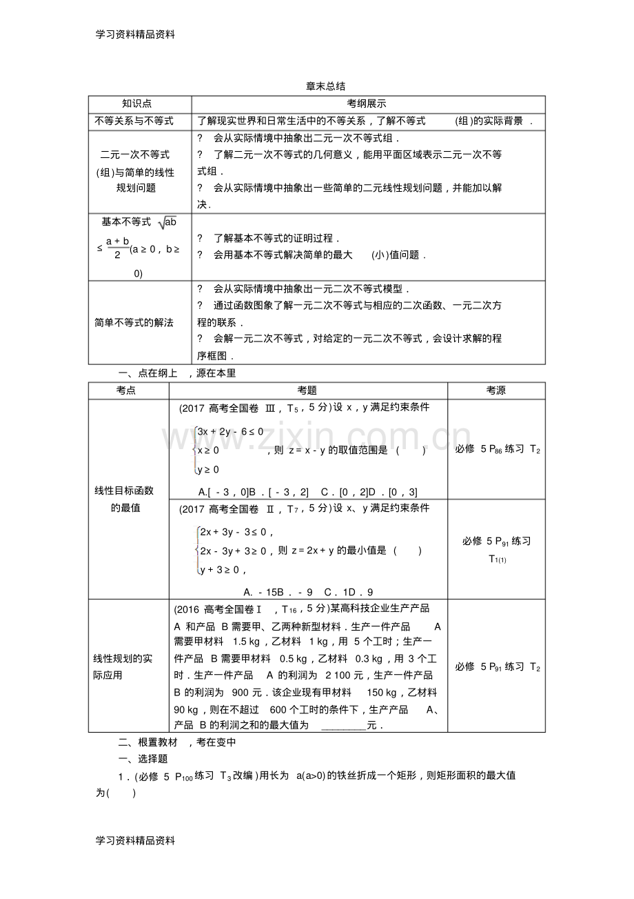 高考数学文一轮分层演练：第7章不等式章末总结.pdf_第1页