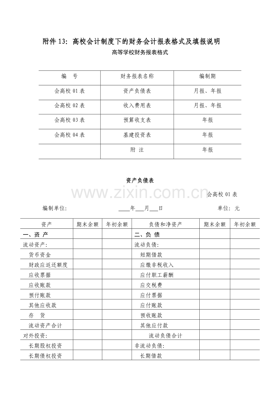 13高校会计制度下的财务会计报表格式及填报说明.doc_第1页