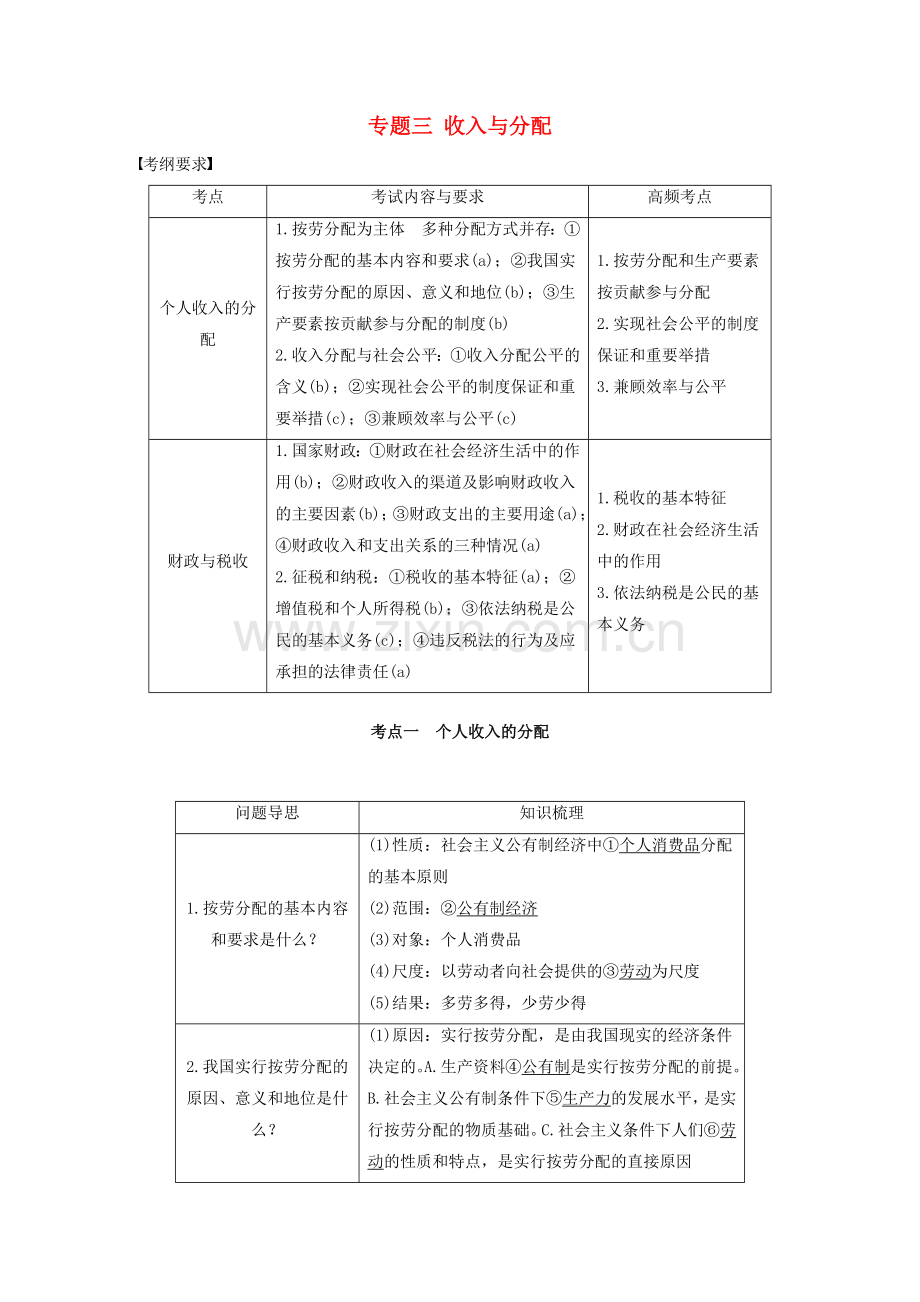 高考政治二轮复习专题三收入与分配考点一个人收入的分配试题.doc_第1页