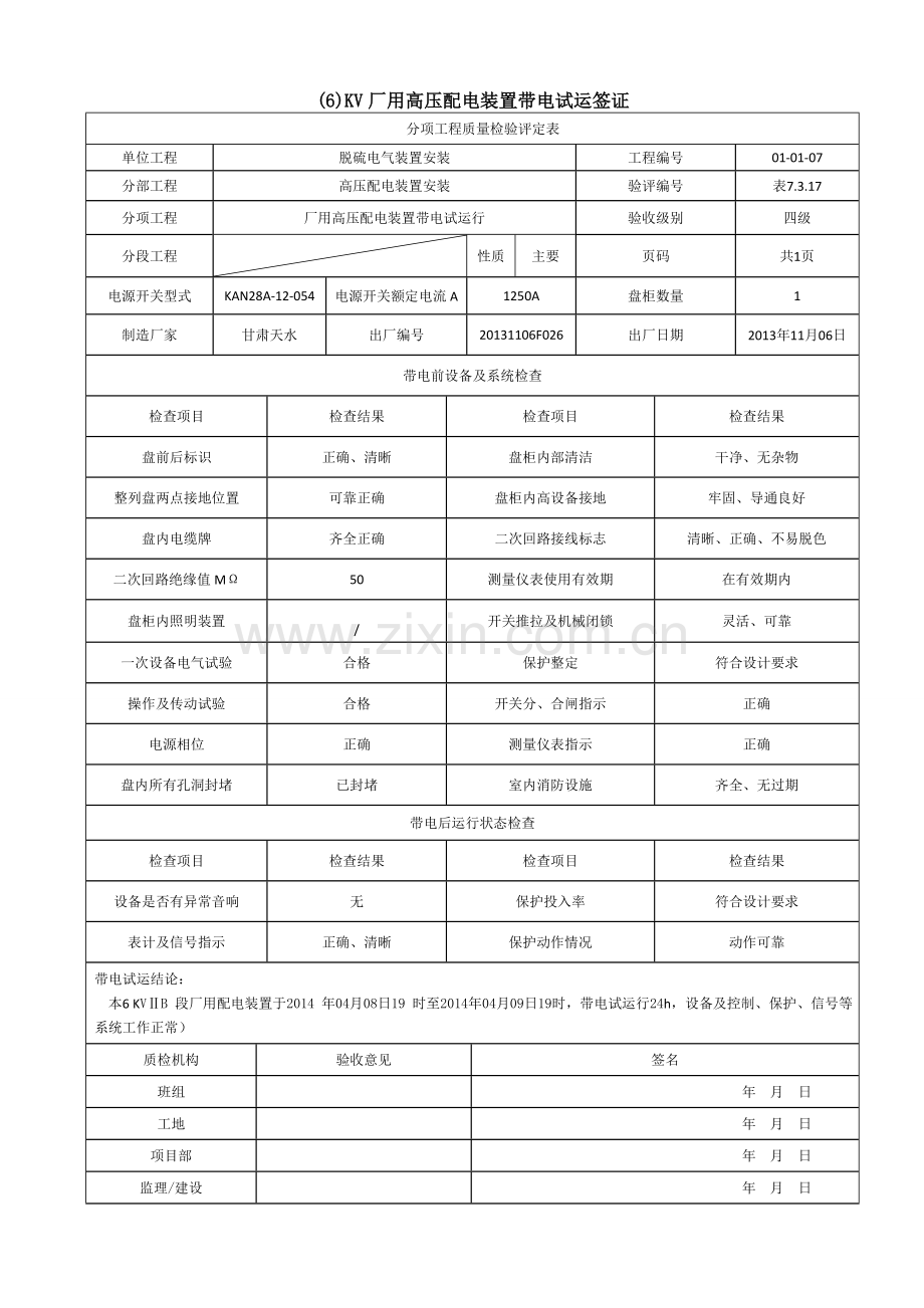 071厂用高压配电装置带电试运行分项工程质量检验评定表2.doc_第2页