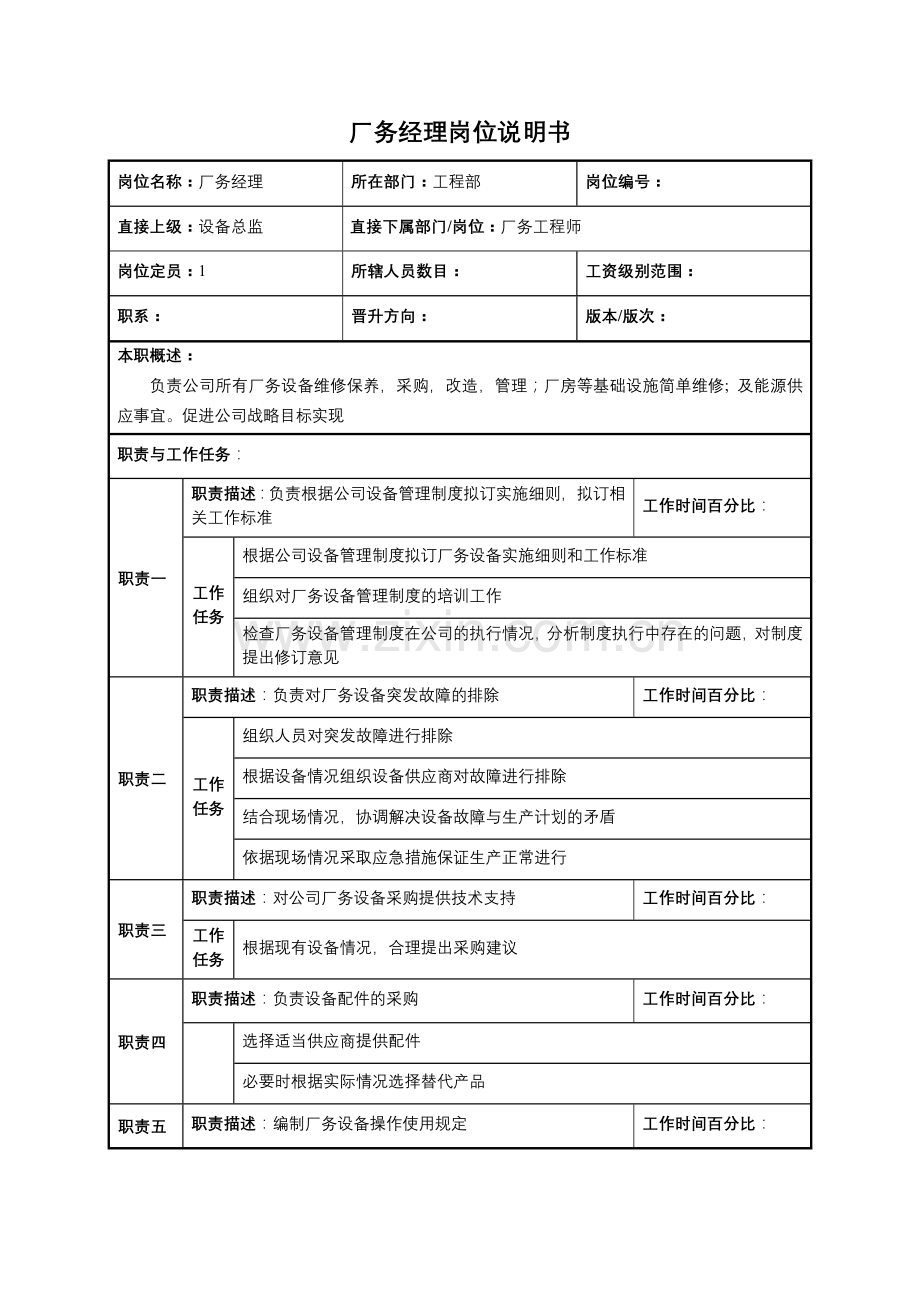 工程部岗位说明书厂务经理.doc_第1页