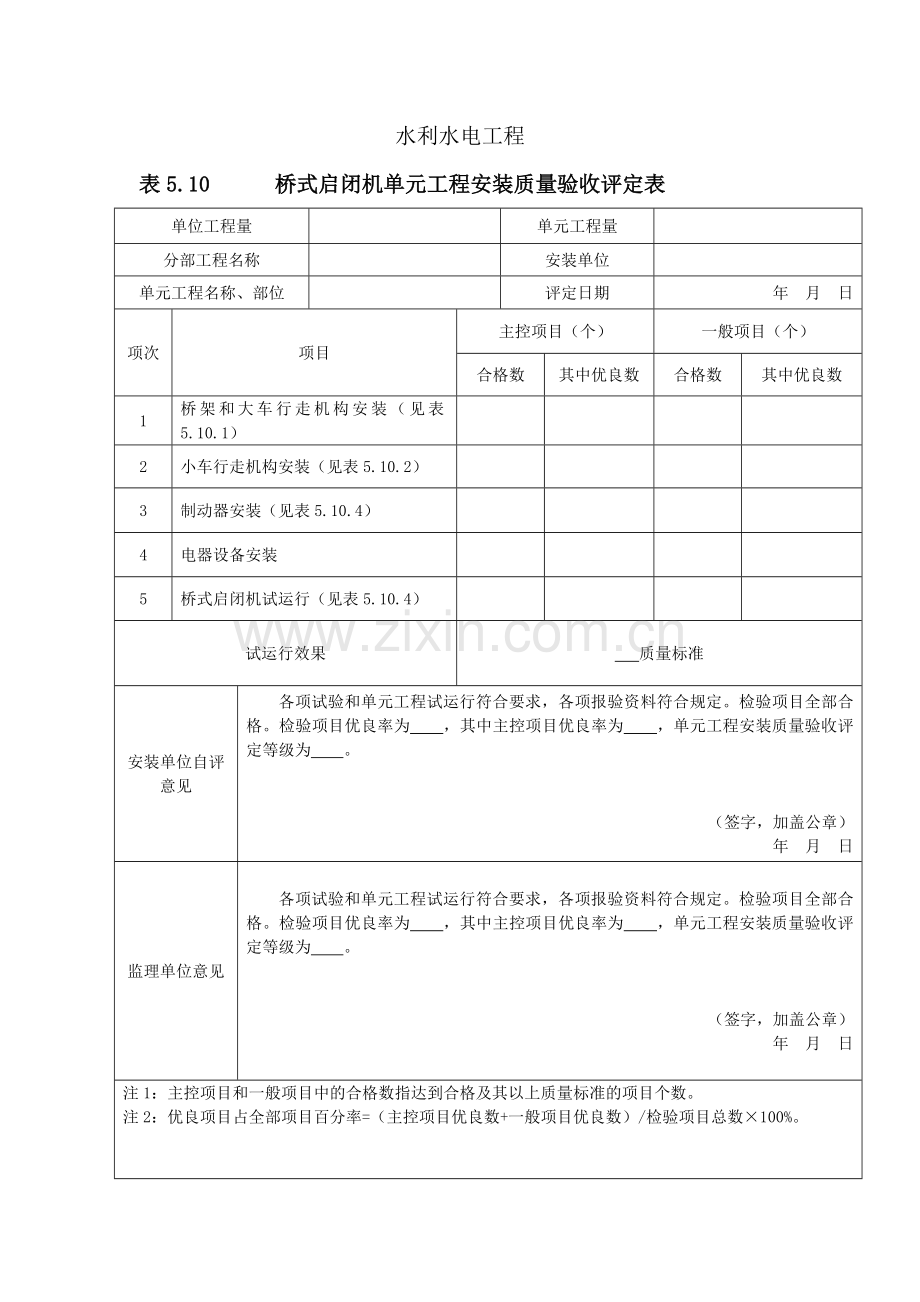 桥式启闭机单元工程安装质量验收评定表.doc_第1页