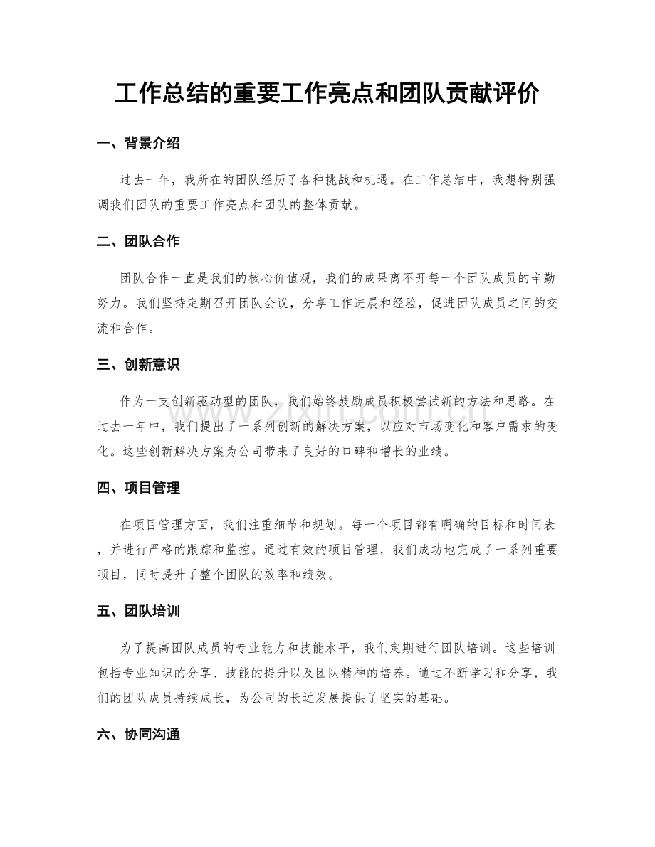 工作总结的重要工作亮点和团队贡献评价.docx_第1页