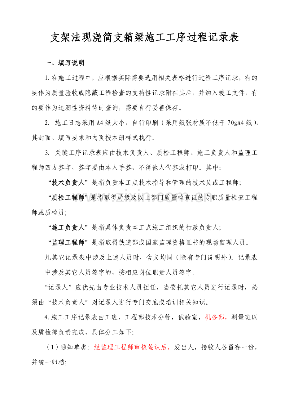 高速铁路支架法现浇简支箱梁施工工序过程记录表全.docx_第1页