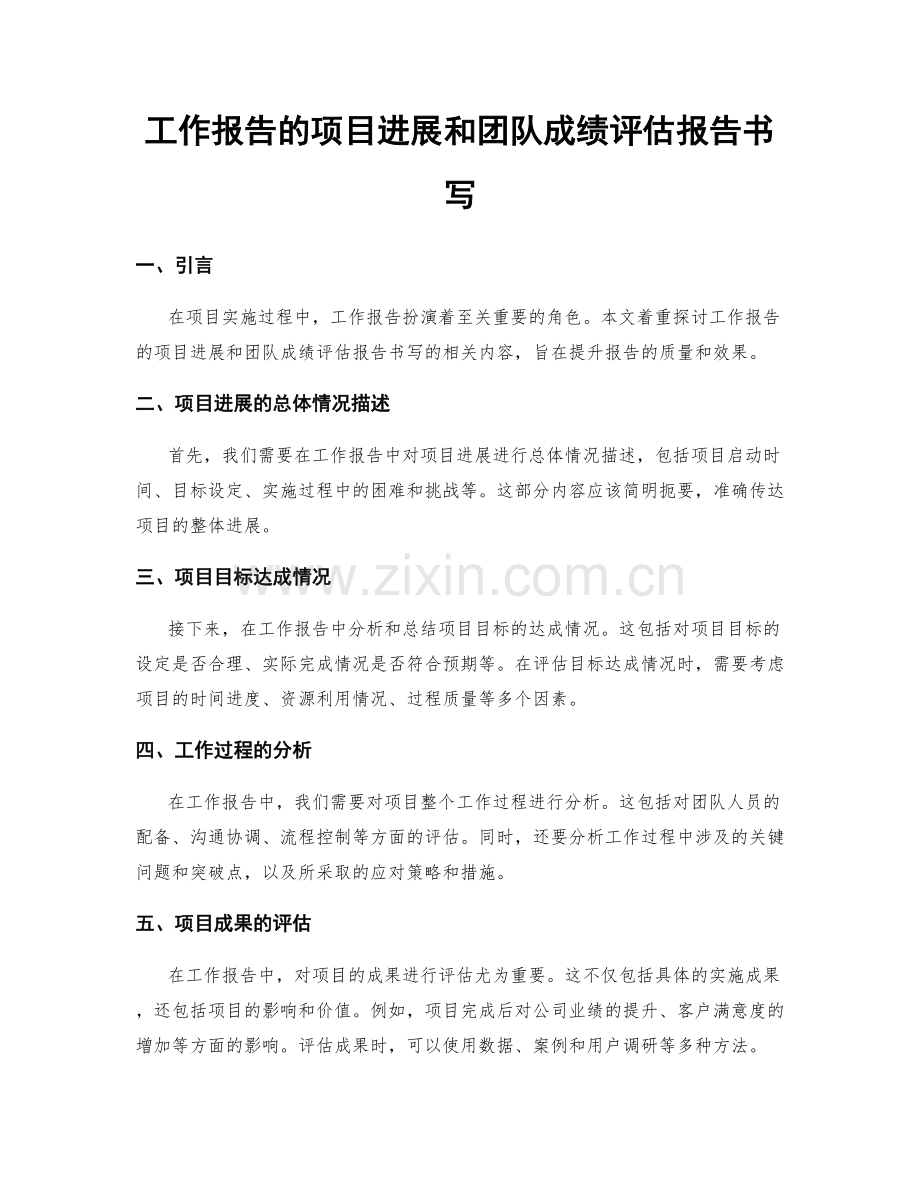 工作报告的项目进展和团队成绩评估报告书写.docx_第1页