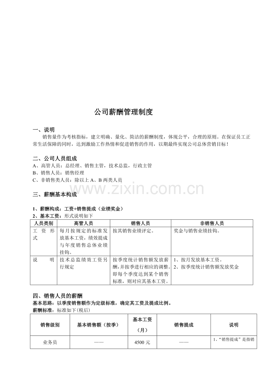 公司销售薪资工资提成薪酬管理制度体系.doc_第1页