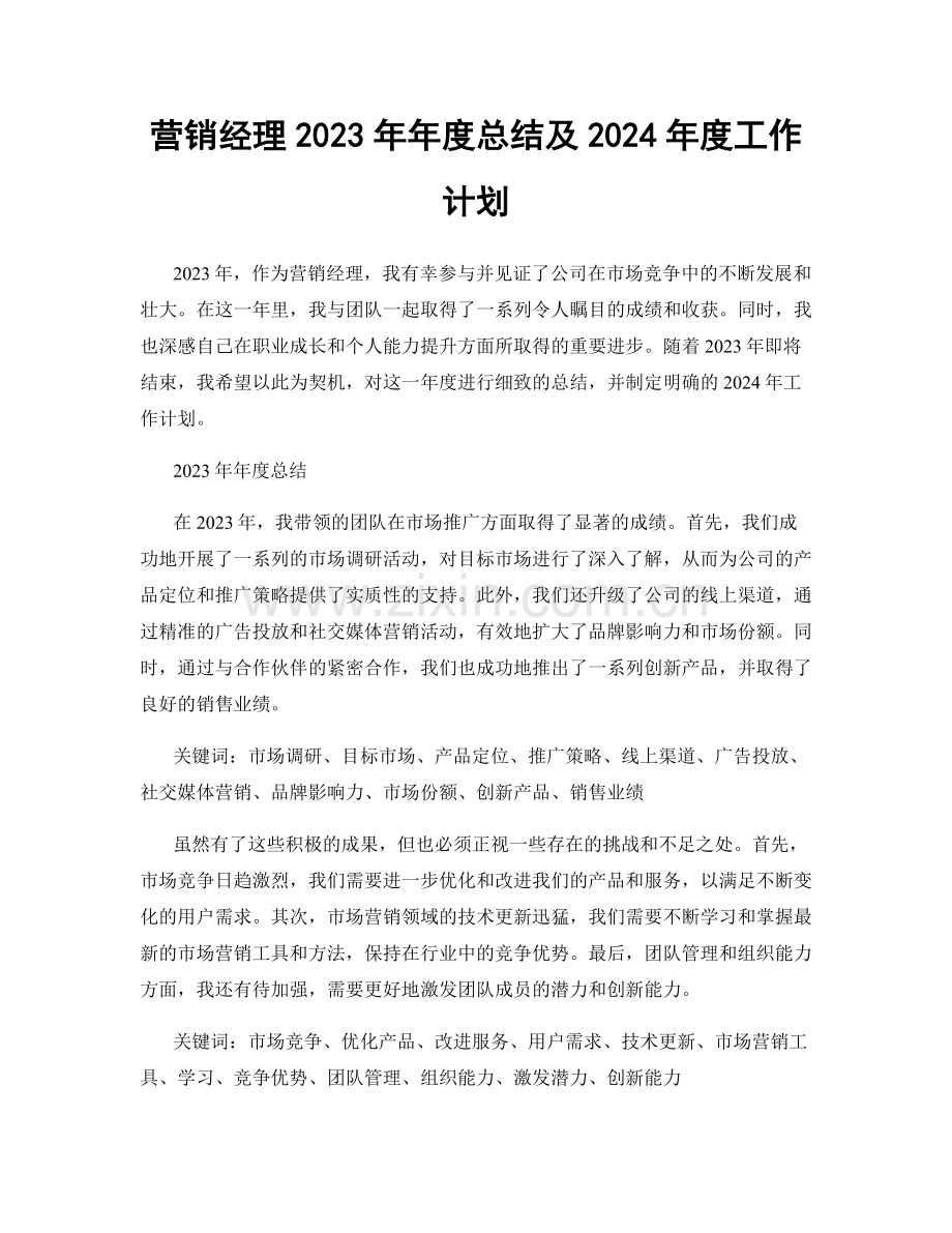 营销经理2023年年度总结及2024年度工作计划.docx_第1页