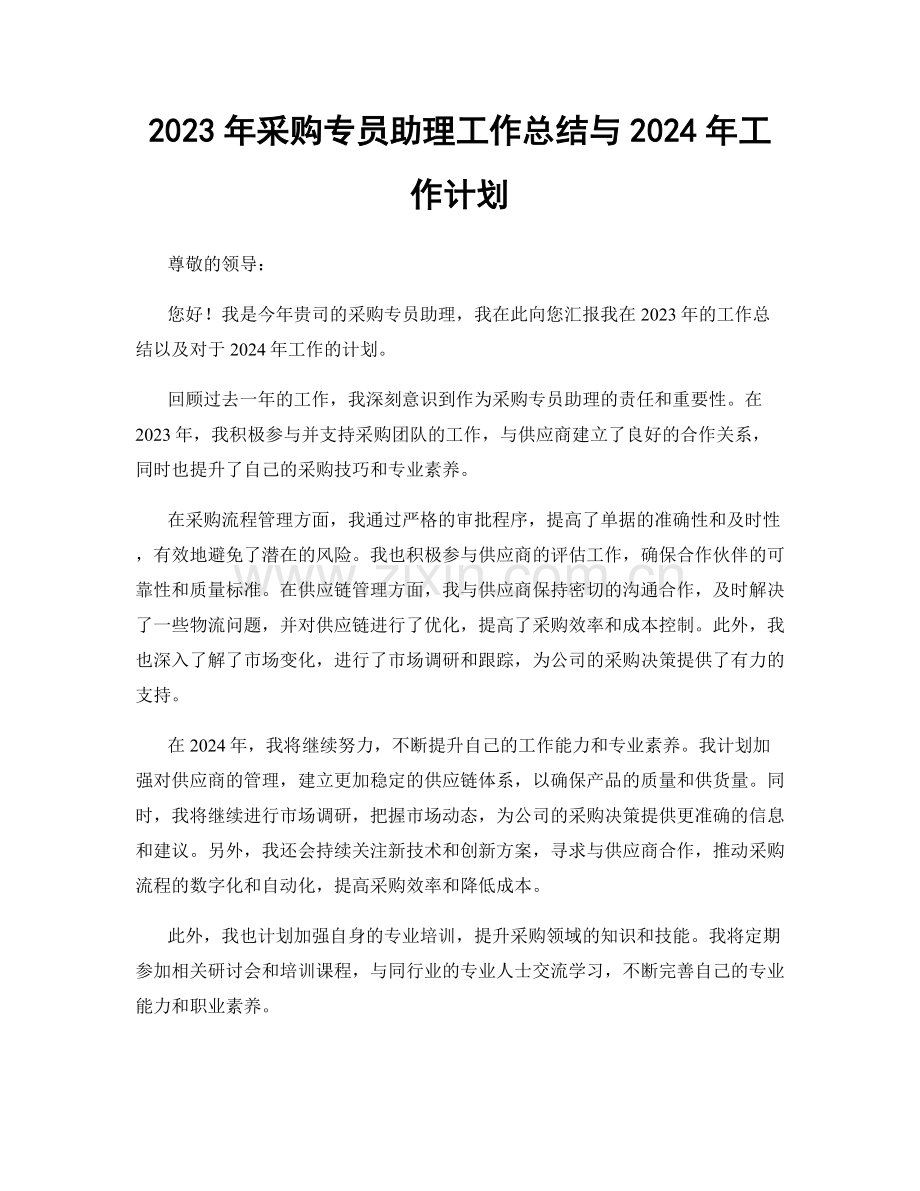 2023年采购专员助理工作总结与2024年工作计划.docx_第1页