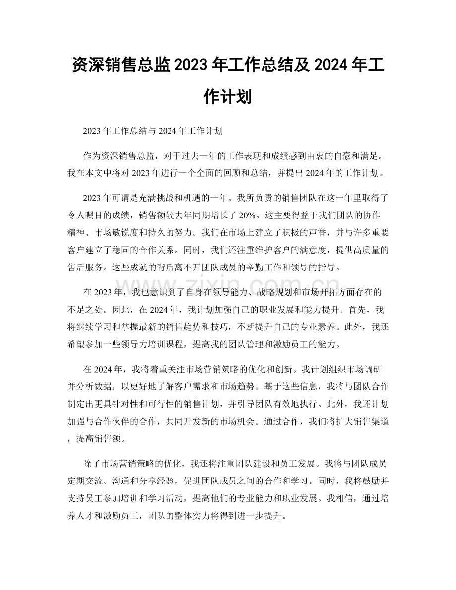 资深销售总监2023年工作总结及2024年工作计划.docx_第1页