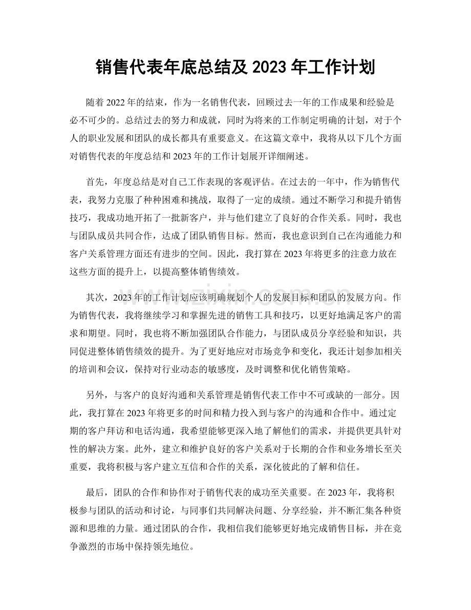 销售代表年底总结及2023年工作计划.docx_第1页