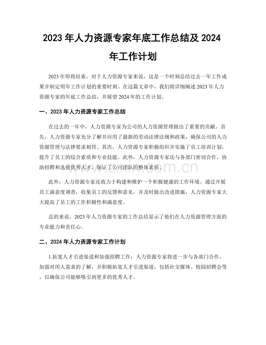 2023年人力资源专家年底工作总结及2024年工作计划.docx_第1页