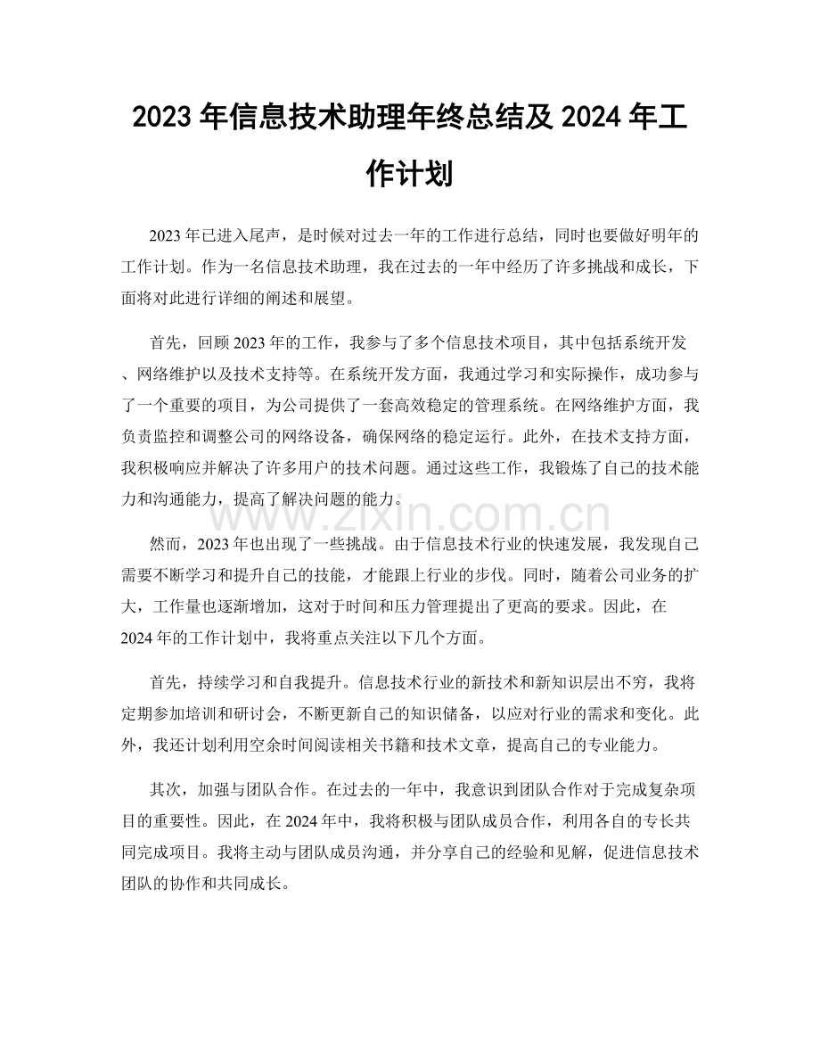 2023年信息技术助理年终总结及2024年工作计划.docx_第1页