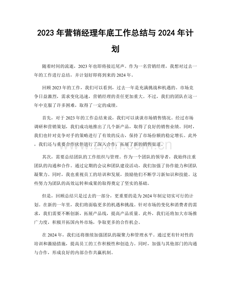 2023年营销经理年底工作总结与2024年计划.docx_第1页