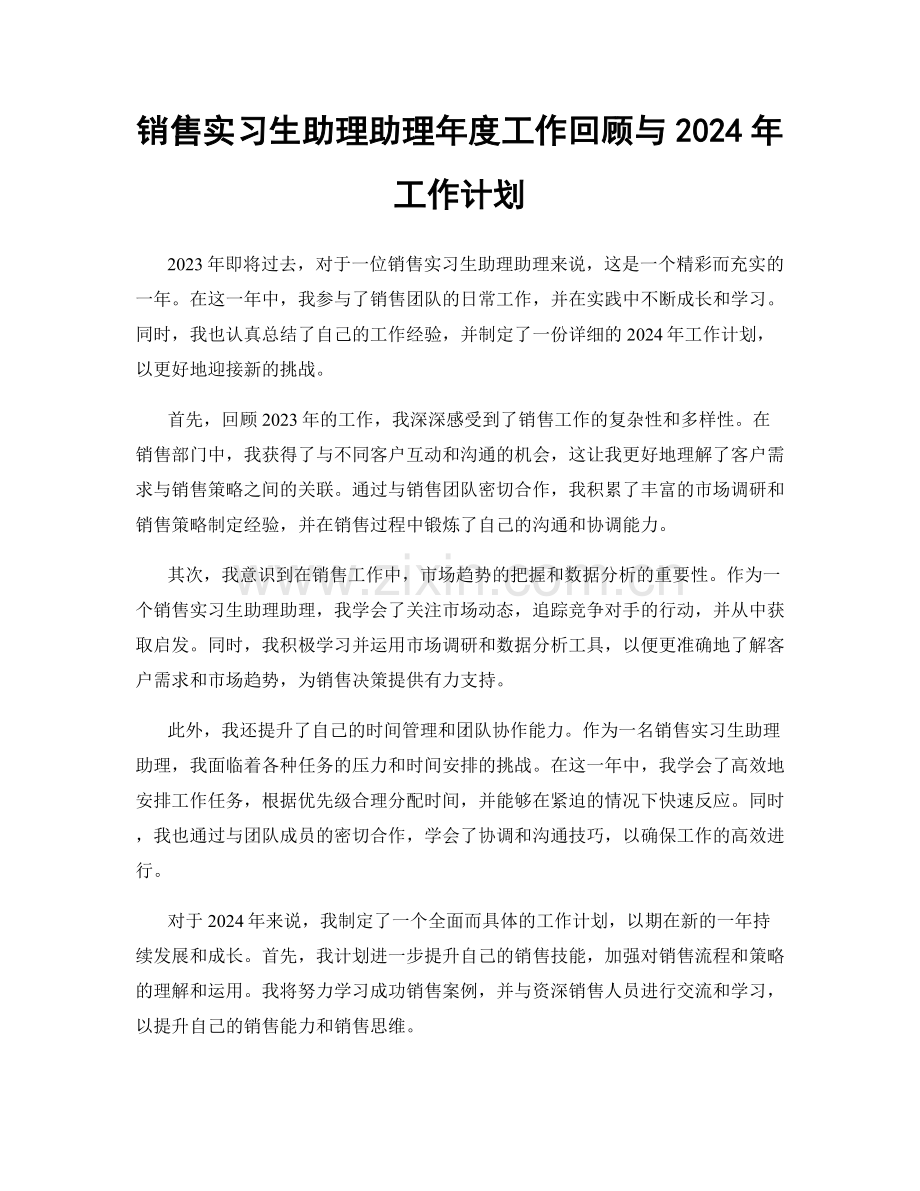 销售实习生助理助理年度工作回顾与2024年工作计划.docx_第1页