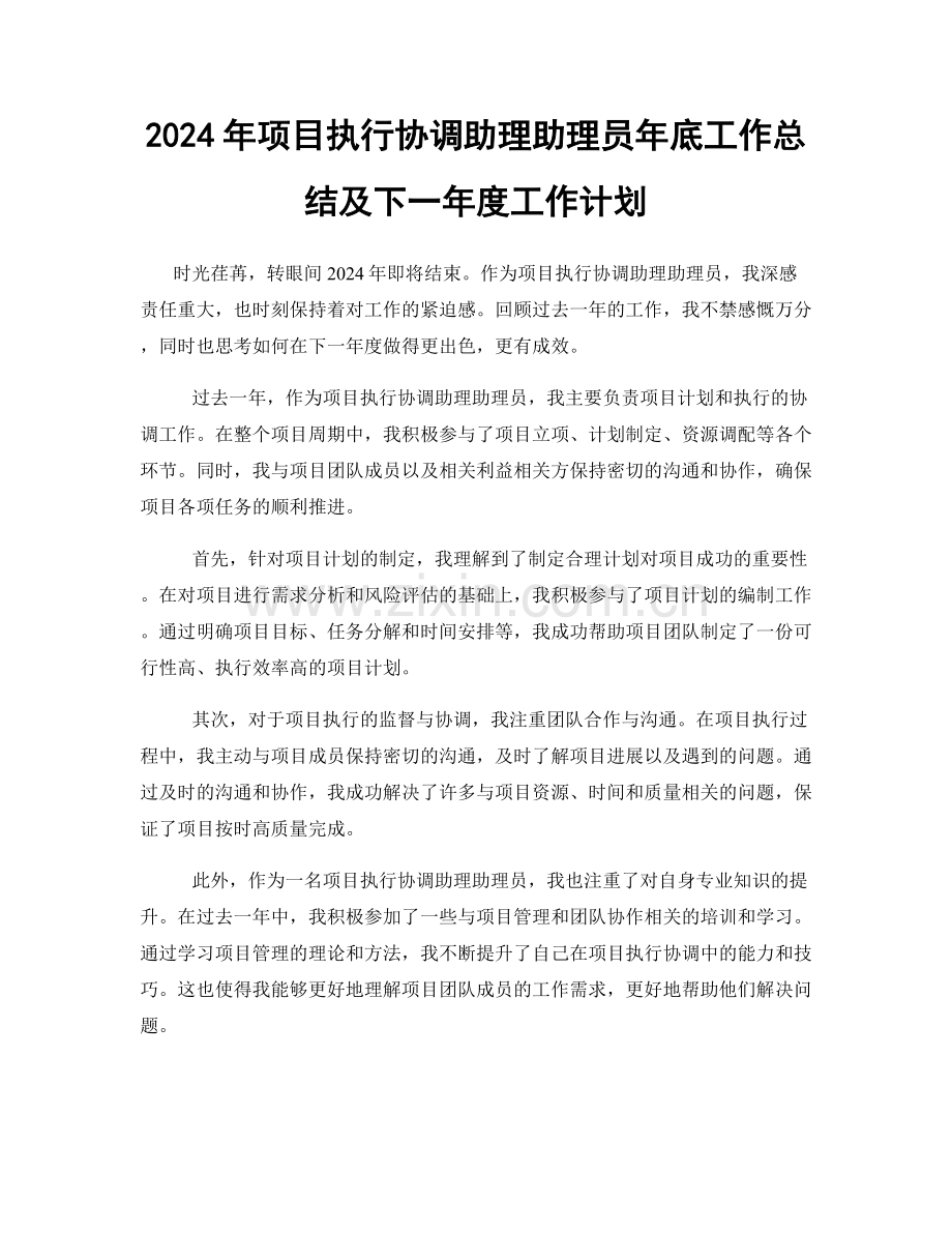 2024年项目执行协调助理助理员年底工作总结及下一年度工作计划.docx_第1页