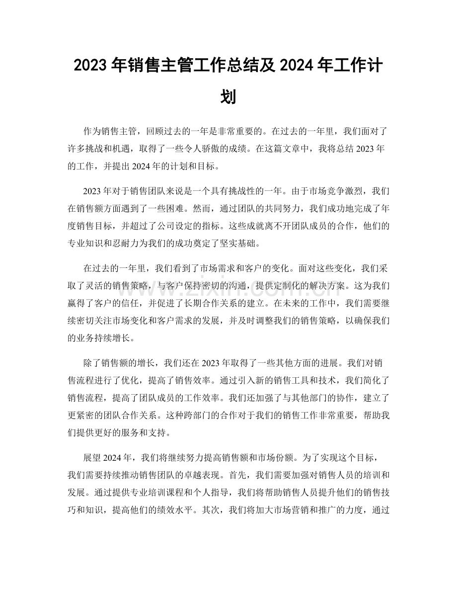 2023年销售主管工作总结及2024年工作计划.docx_第1页