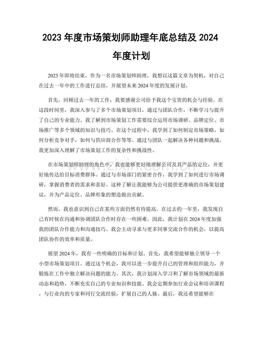 2023年度市场策划师助理年底总结及2024年度计划.docx_第1页