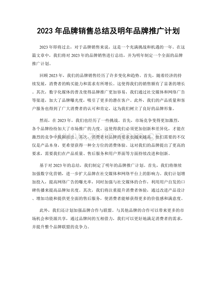 2023年品牌销售总结及明年品牌推广计划.docx_第1页