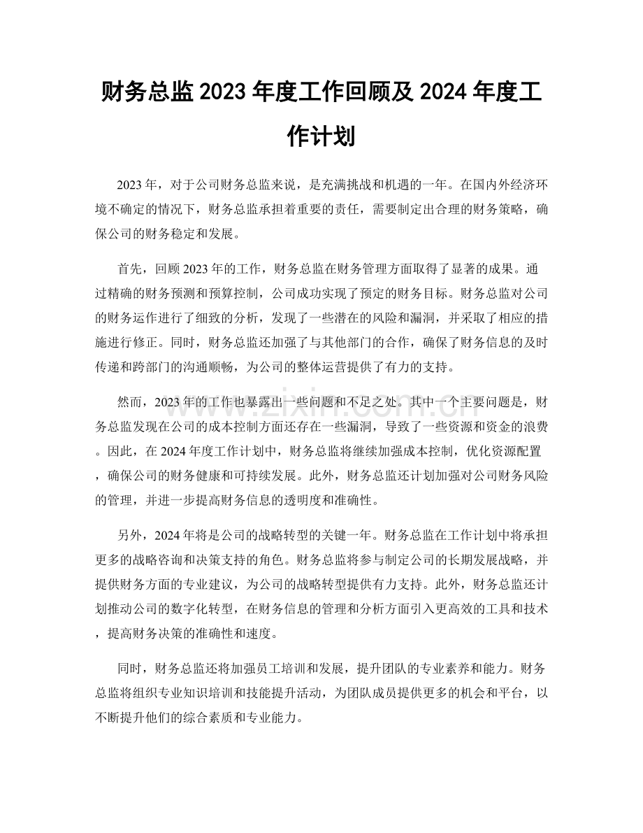 财务总监2023年度工作回顾及2024年度工作计划.docx_第1页