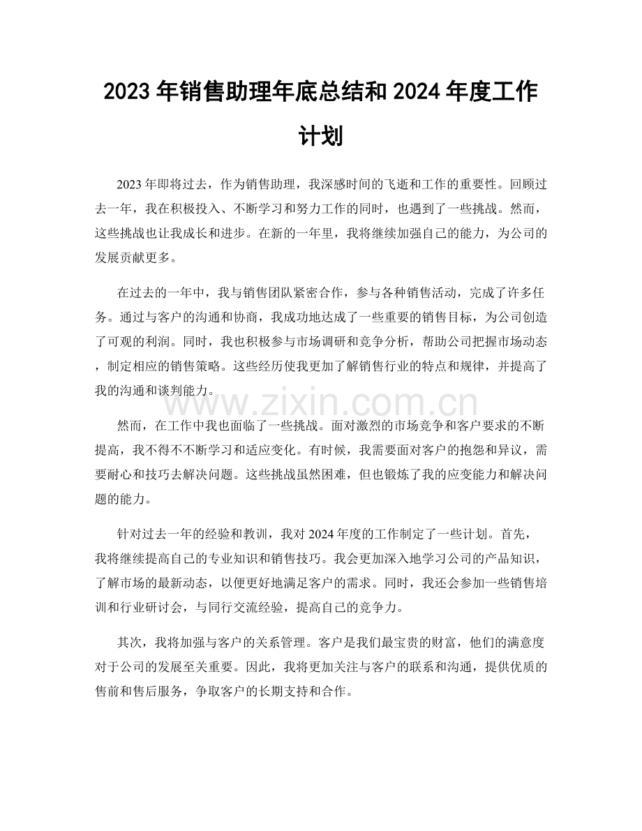 2023年销售助理年底总结和2024年度工作计划.docx_第1页