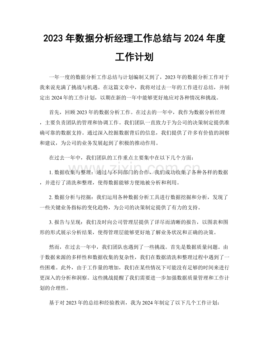 2023年数据分析经理工作总结与2024年度工作计划.docx_第1页