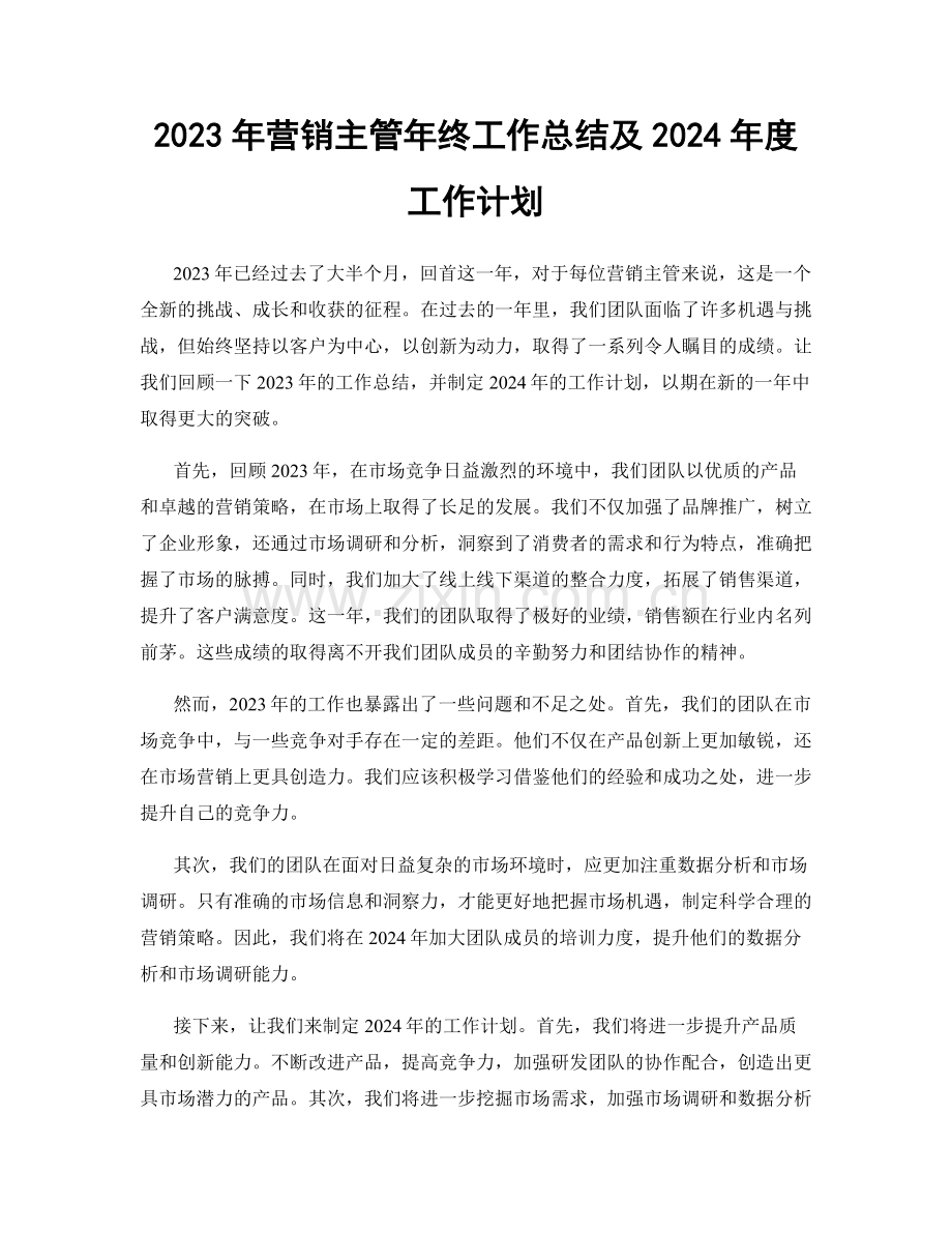 2023年营销主管年终工作总结及2024年度工作计划.docx_第1页