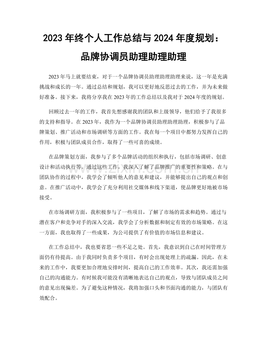 2023年终个人工作总结与2024年度规划：品牌协调员助理助理助理.docx_第1页