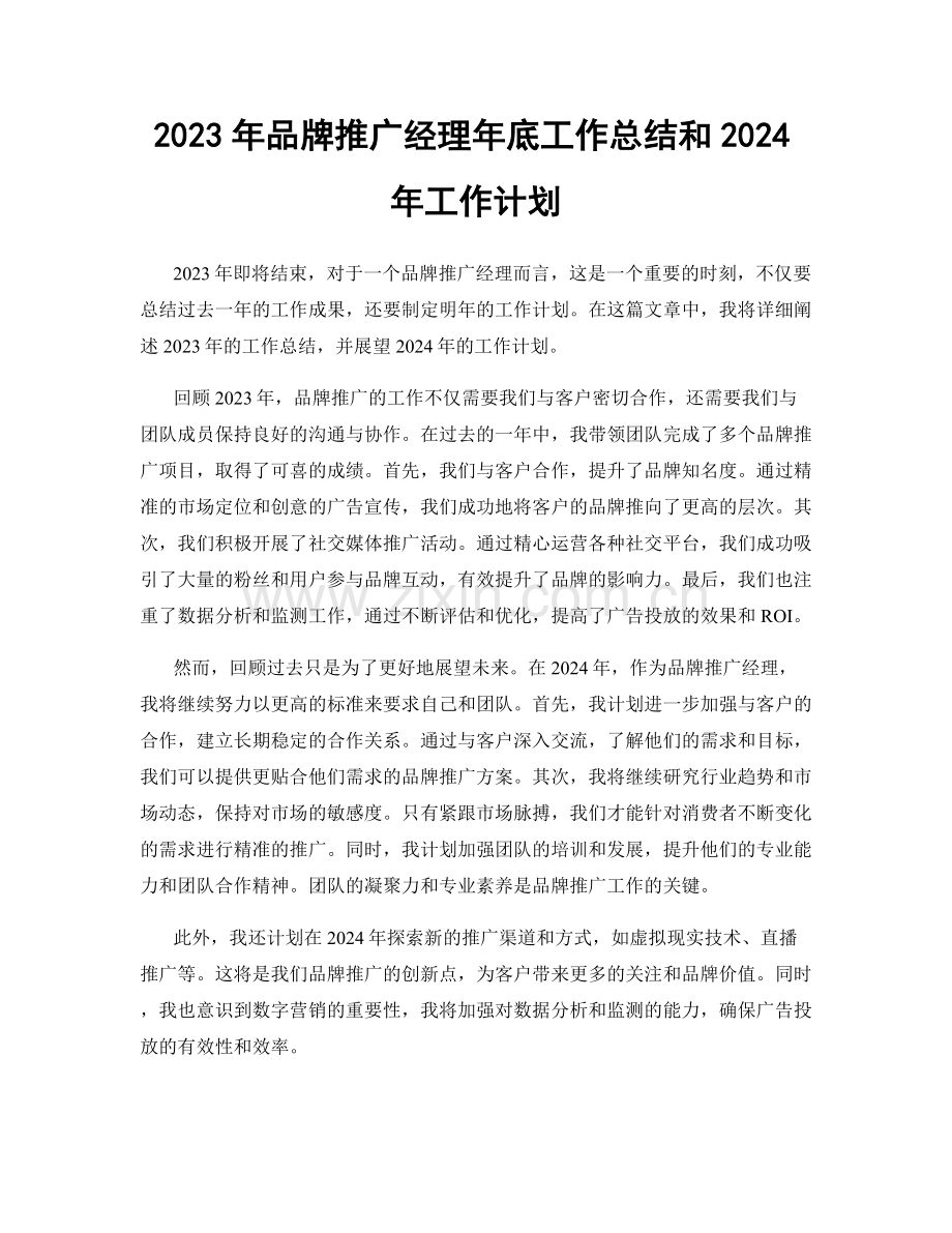 2023年品牌推广经理年底工作总结和2024年工作计划.docx_第1页