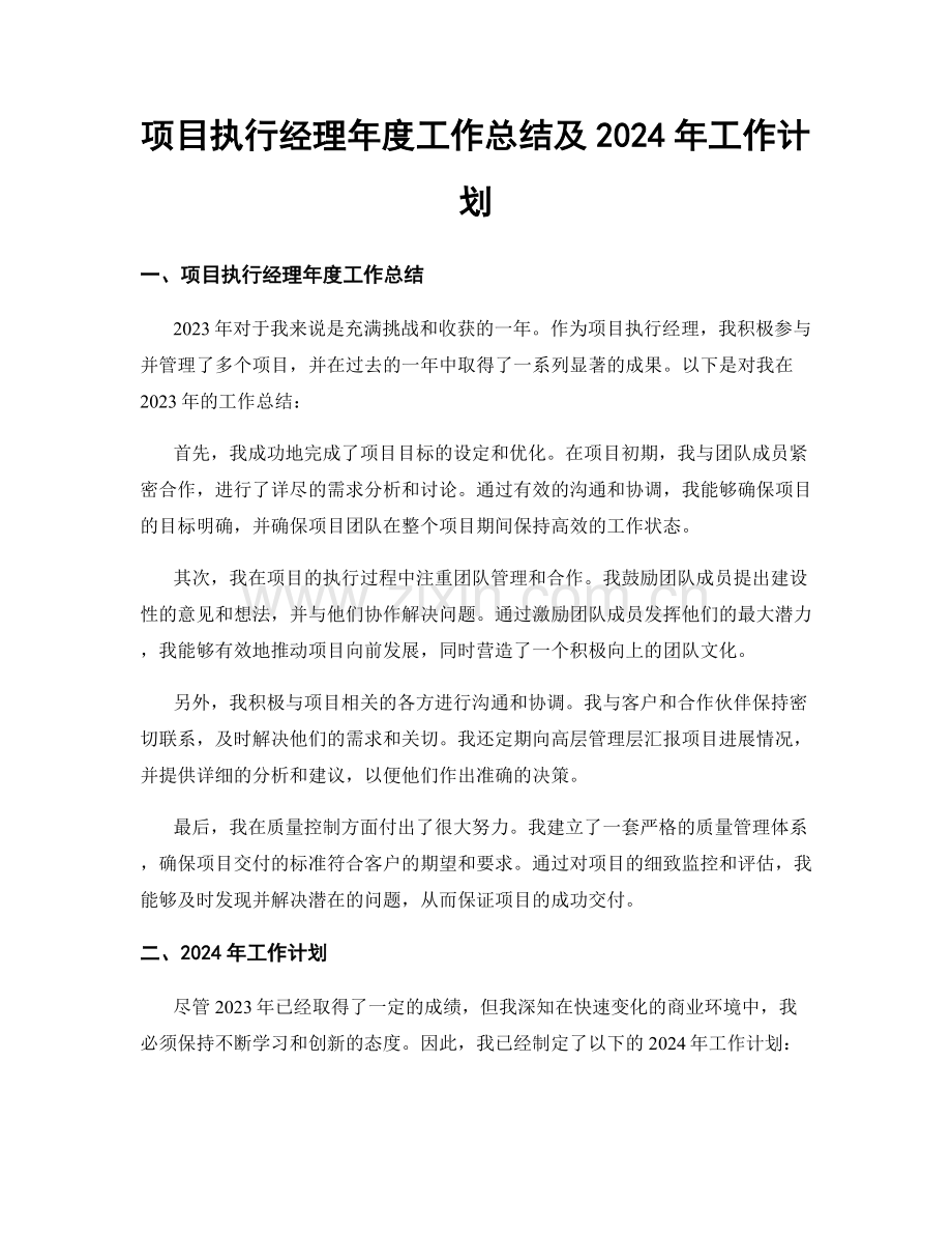 项目执行经理年度工作总结及2024年工作计划.docx_第1页