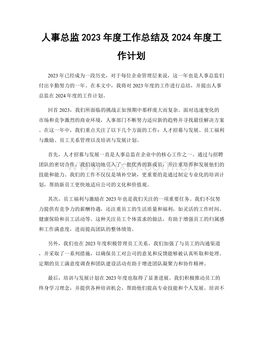 人事总监2023年度工作总结及2024年度工作计划.docx_第1页