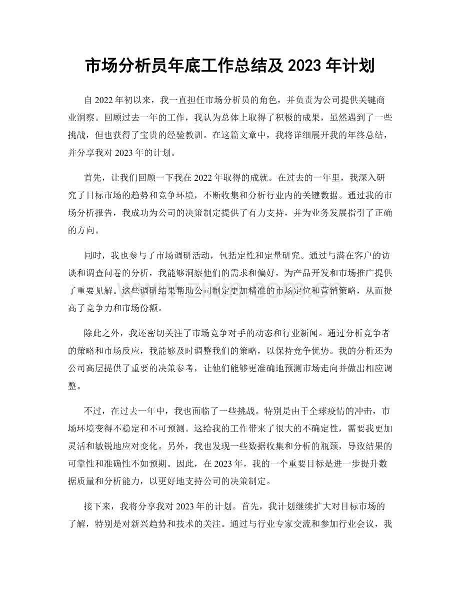 市场分析员年底工作总结及2023年计划.docx_第1页