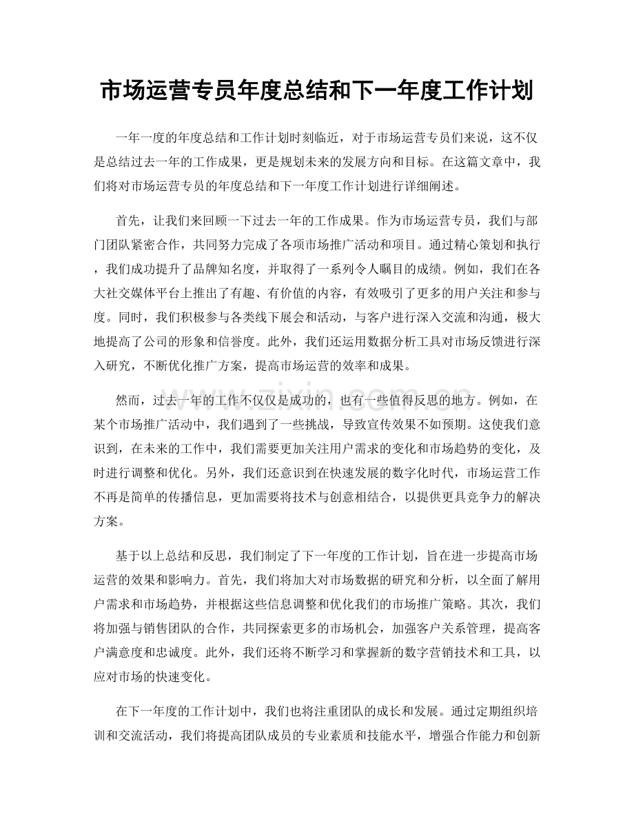 市场运营专员年度总结和下一年度工作计划.docx_第1页