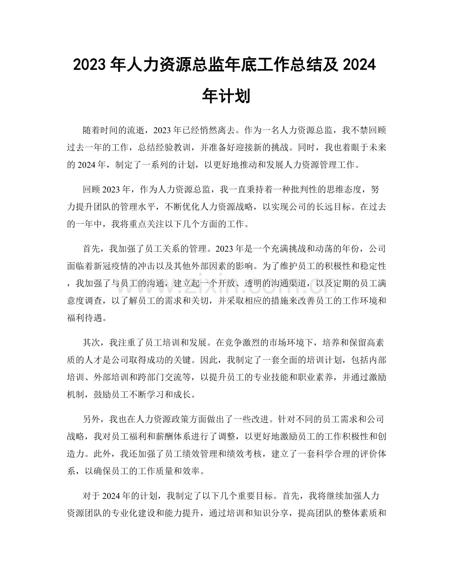 2023年人力资源总监年底工作总结及2024年计划.docx_第1页