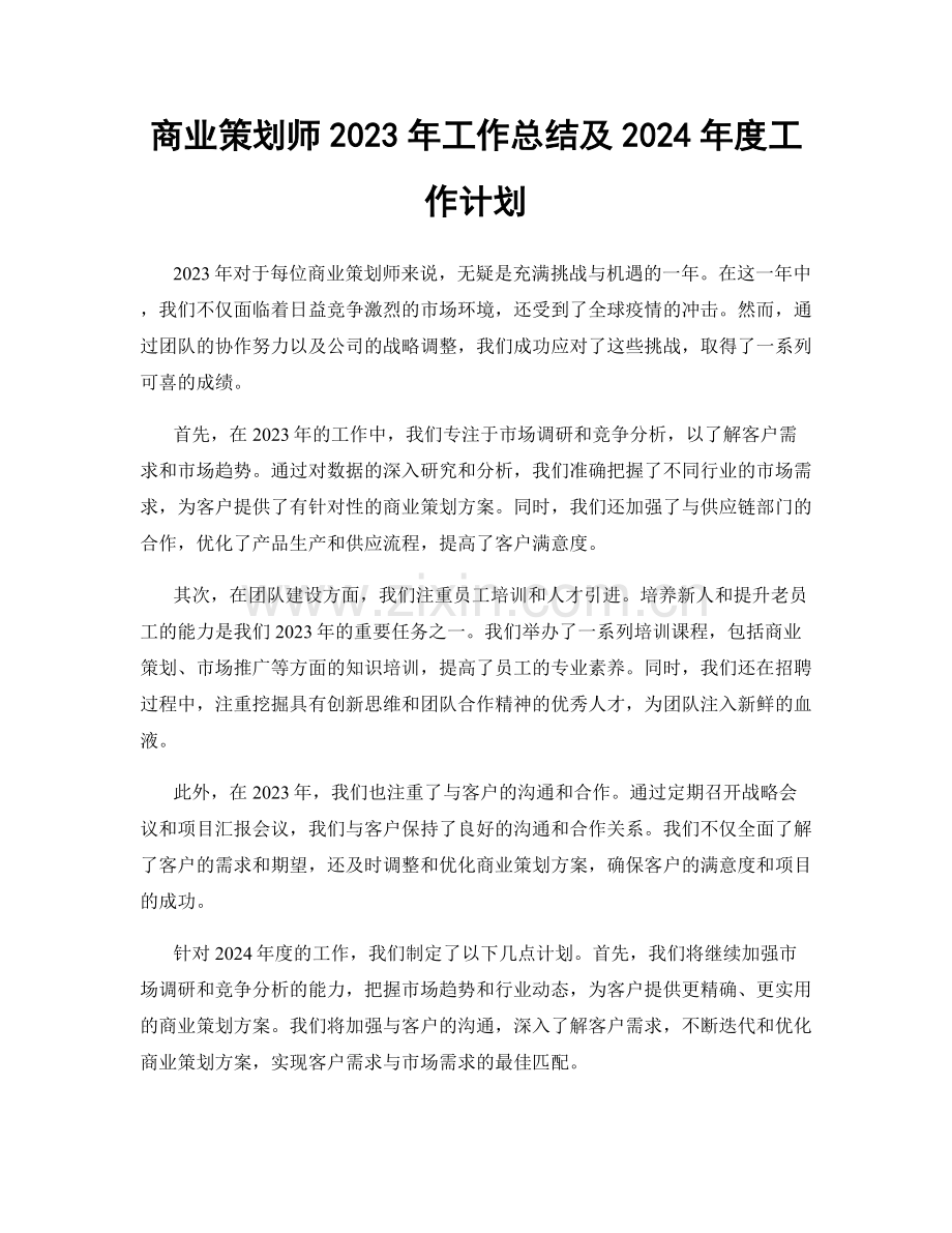 商业策划师2023年工作总结及2024年度工作计划.docx_第1页