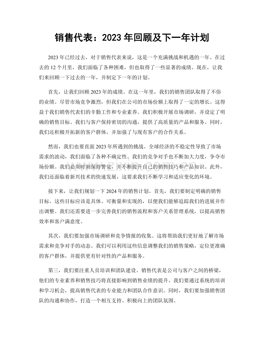 销售代表：2023年回顾及下一年计划.docx_第1页