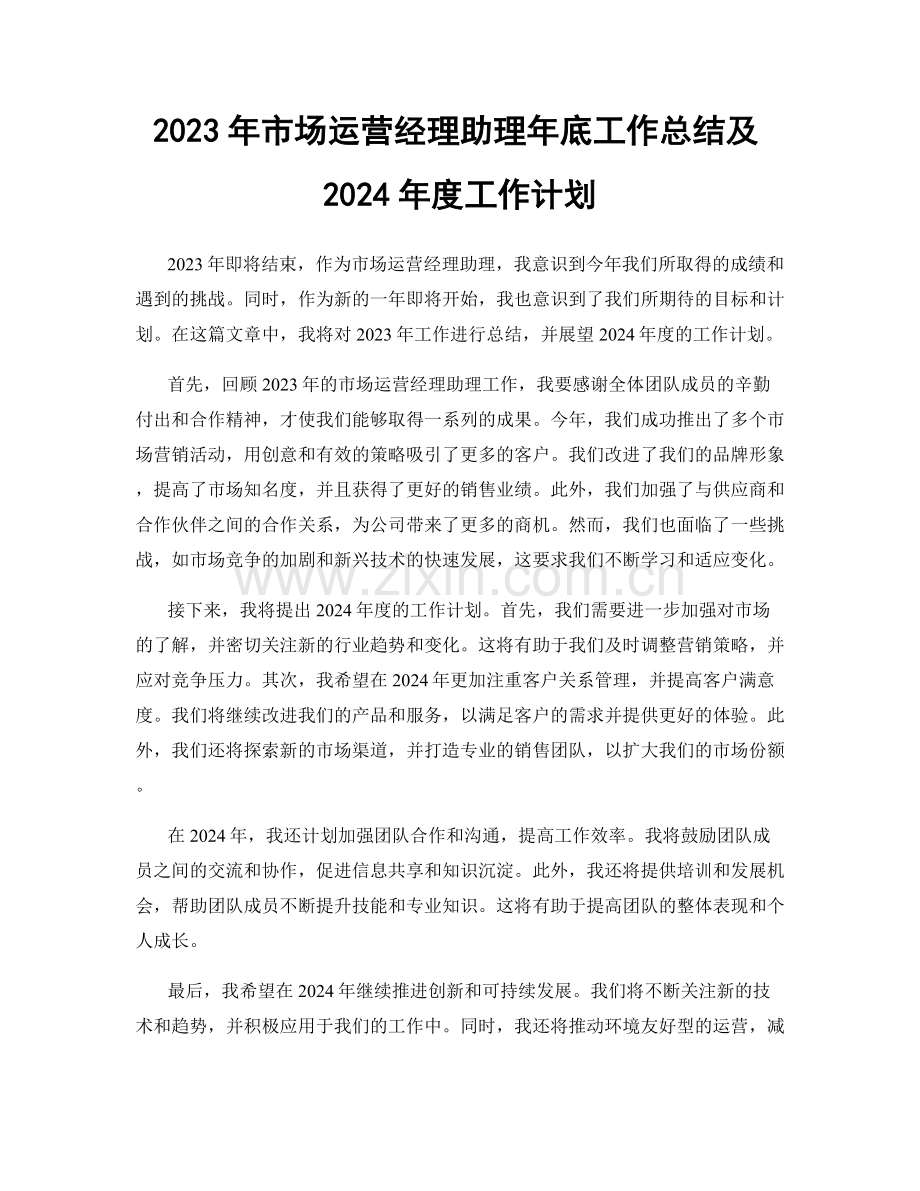 2023年市场运营经理助理年底工作总结及2024年度工作计划.docx_第1页