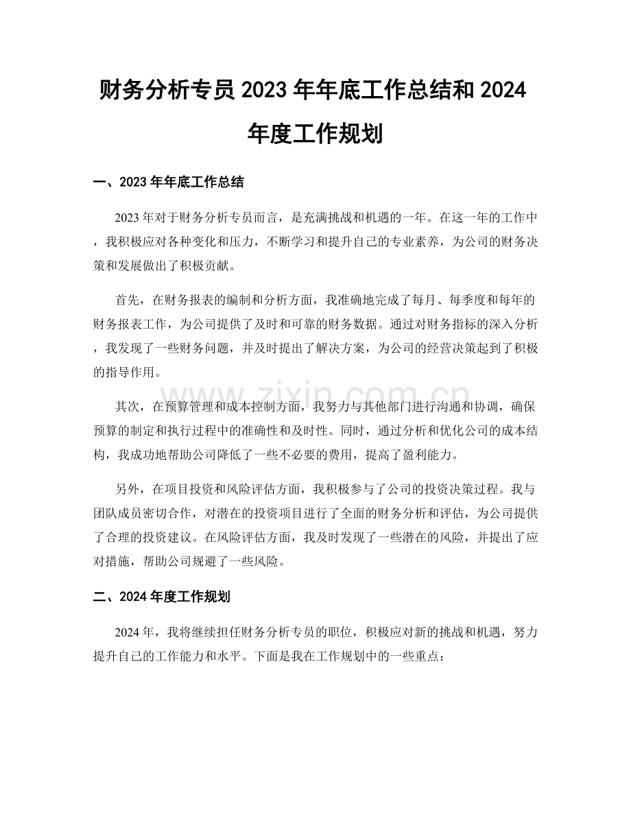 财务分析专员2023年年底工作总结和2024年度工作规划.docx_第1页