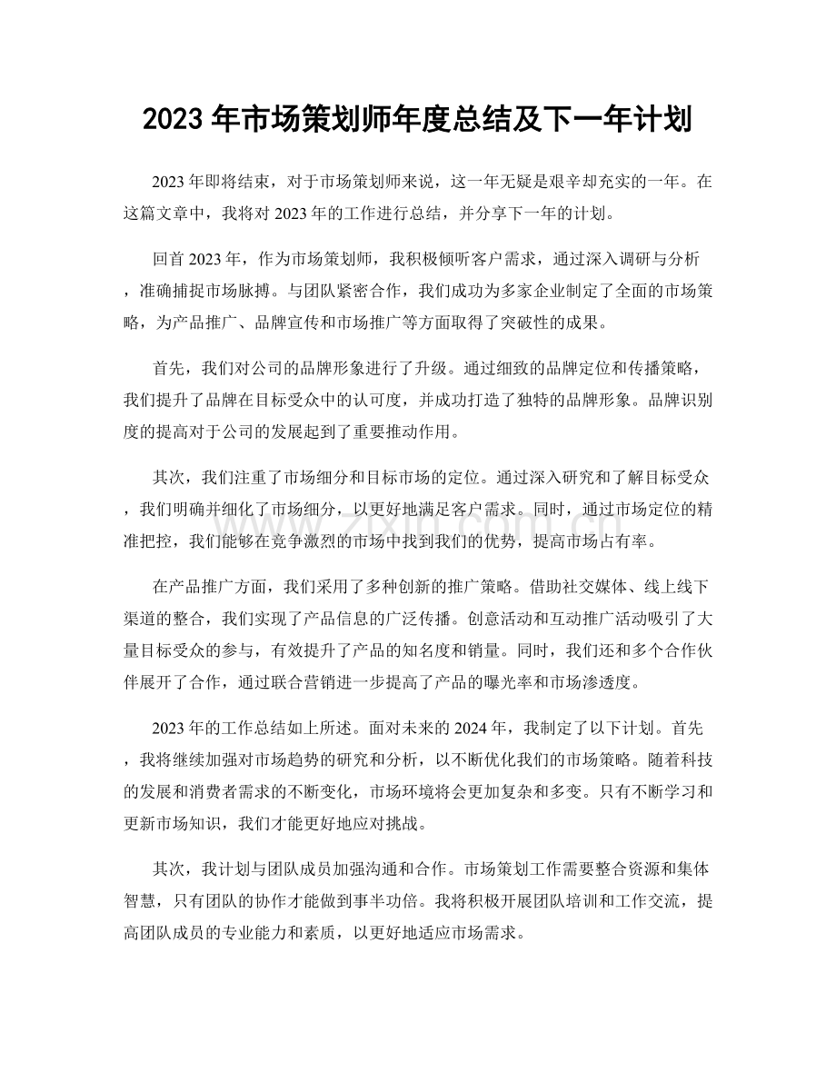 2023年市场策划师年度总结及下一年计划.docx_第1页