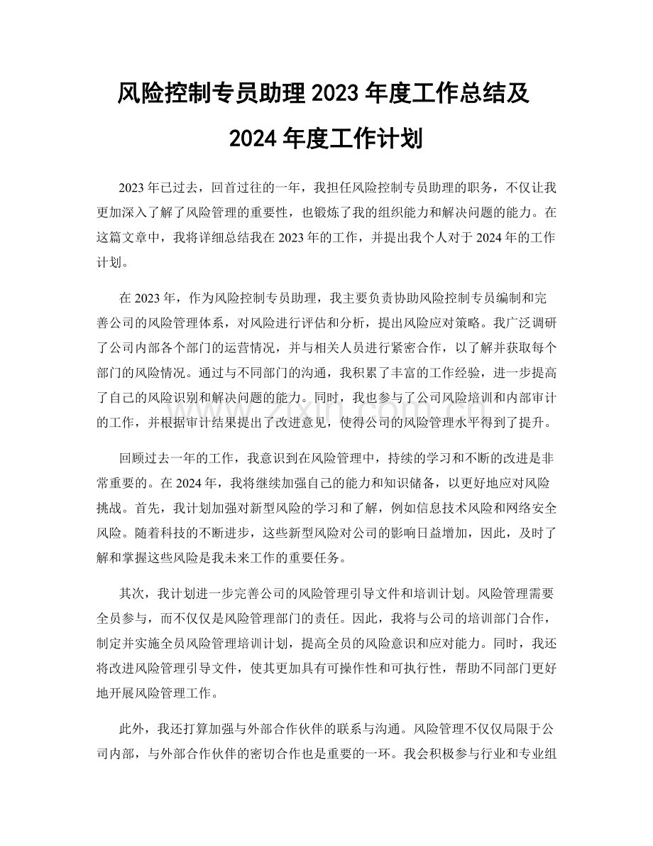 风险控制专员助理2023年度工作总结及2024年度工作计划.docx_第1页