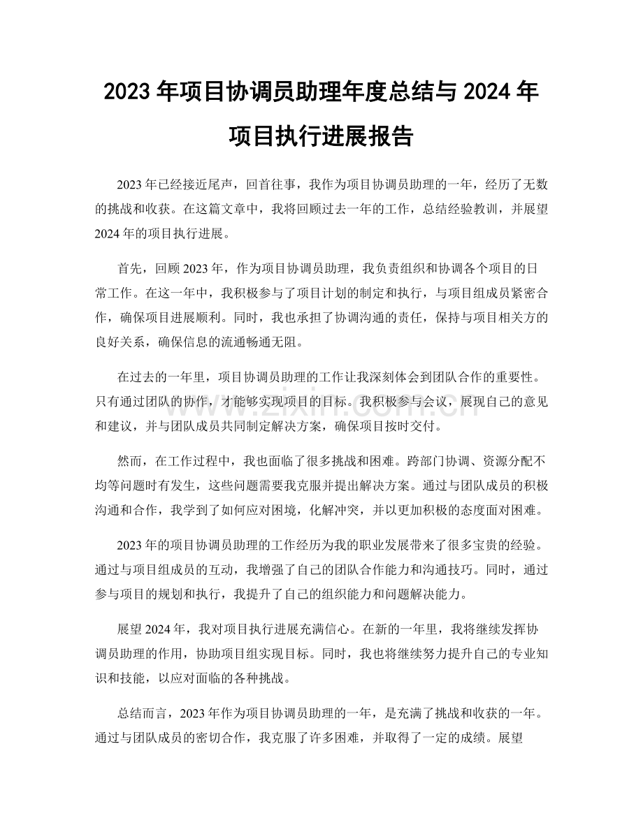 2023年项目协调员助理年度总结与2024年项目执行进展报告.docx_第1页