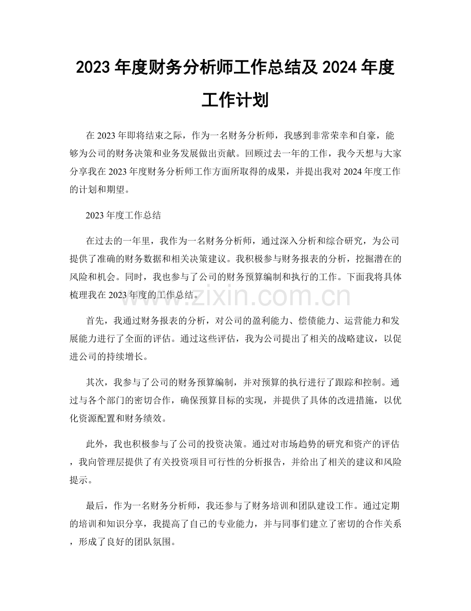 2023年度财务分析师工作总结及2024年度工作计划.docx_第1页