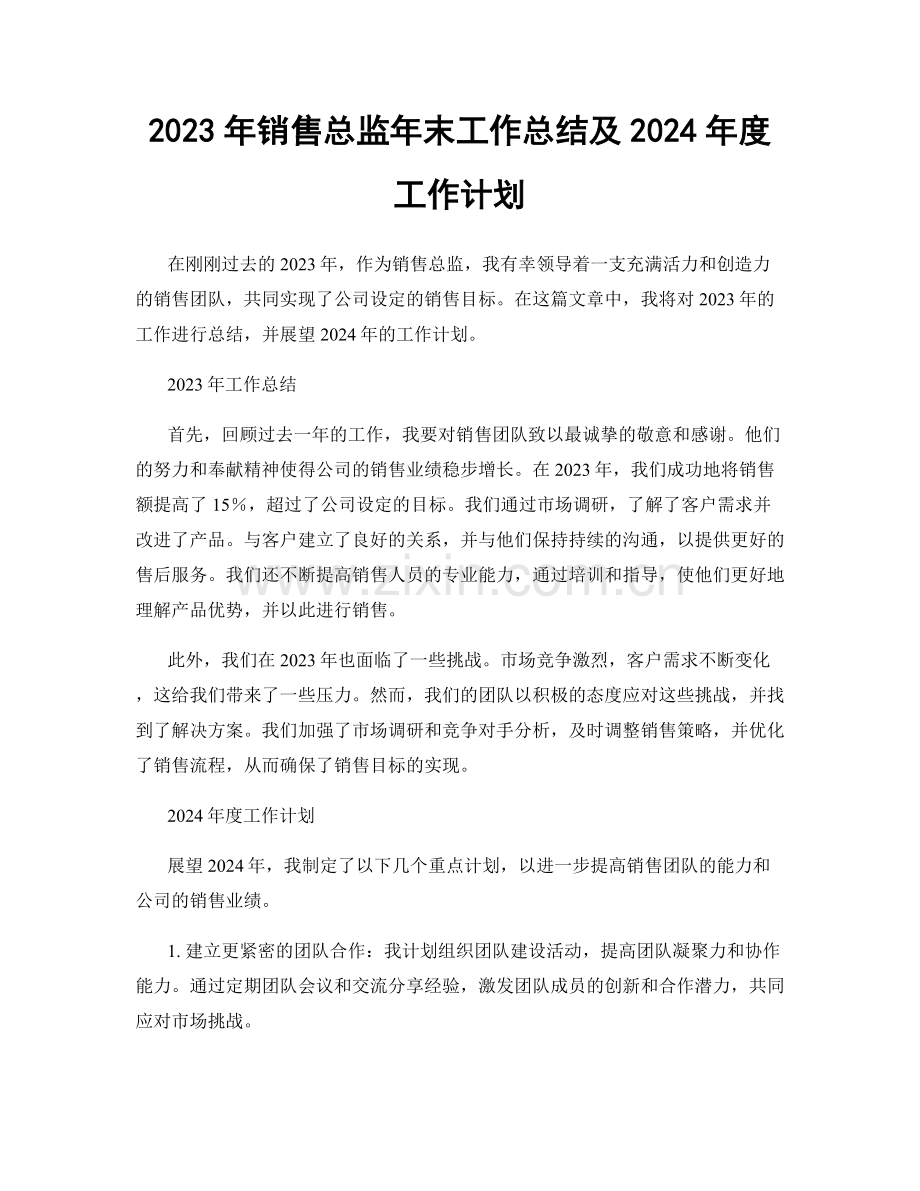 2023年销售总监年末工作总结及2024年度工作计划.docx_第1页