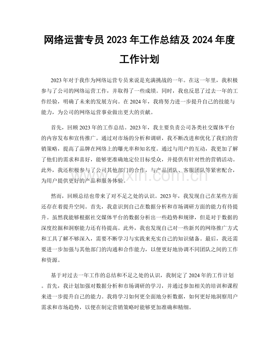 网络运营专员2023年工作总结及2024年度工作计划.docx_第1页