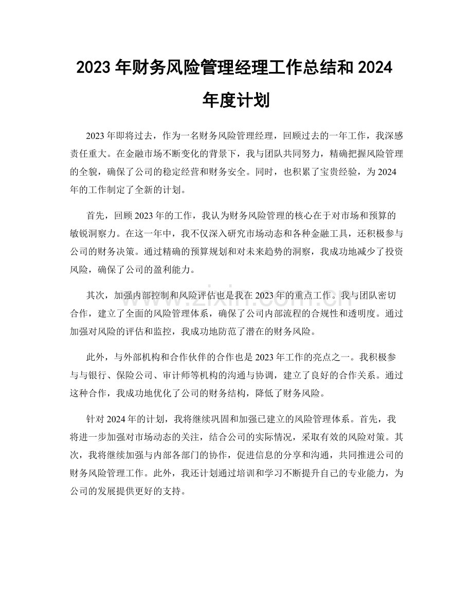 2023年财务风险管理经理工作总结和2024年度计划.docx_第1页