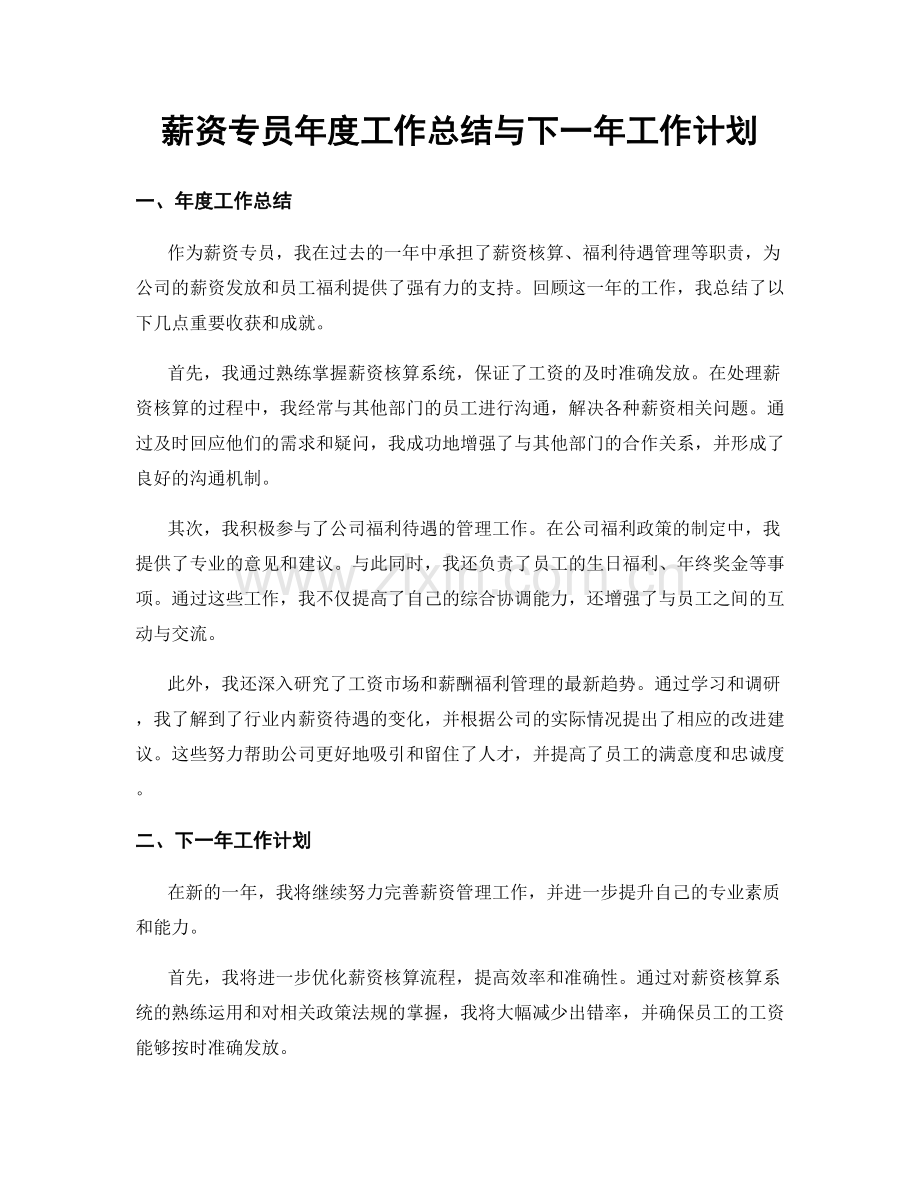 薪资专员年度工作总结与下一年工作计划.docx_第1页