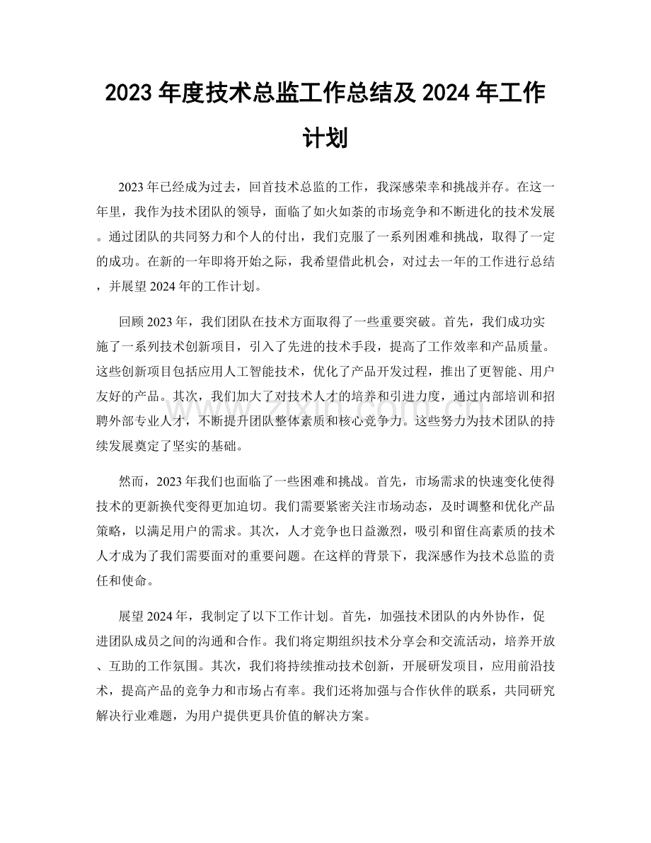 2023年度技术总监工作总结及2024年工作计划.docx_第1页