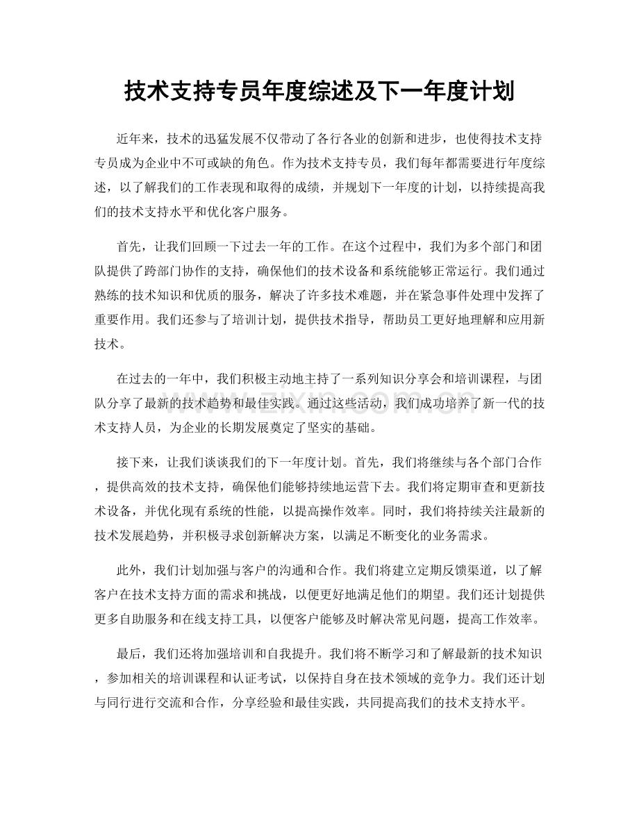 技术支持专员年度综述及下一年度计划.docx_第1页